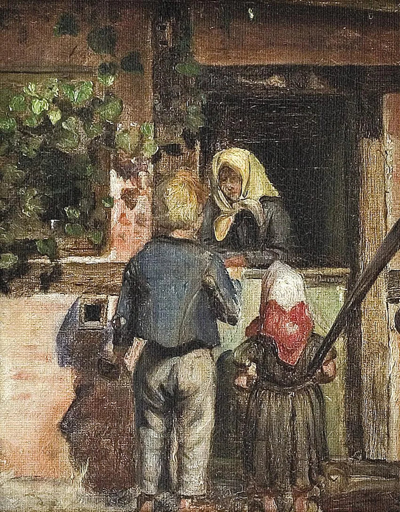 Deux enfants et une vieille femme se tiennent devant une porte. - Anna Ancher