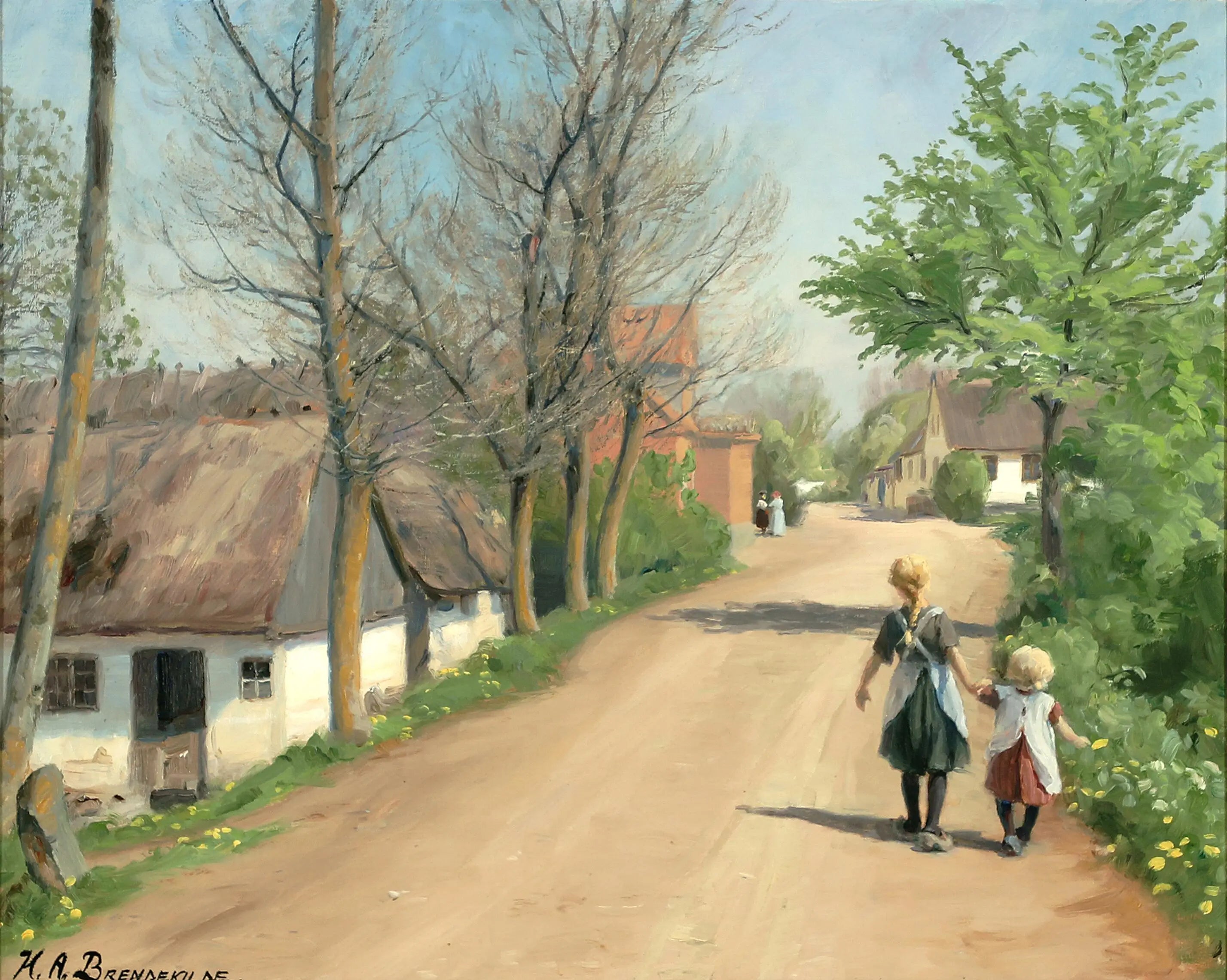 Deux enfants marchant main dans la main sur une route de village. - H. A. Brendekilde - Alpha Reproduction