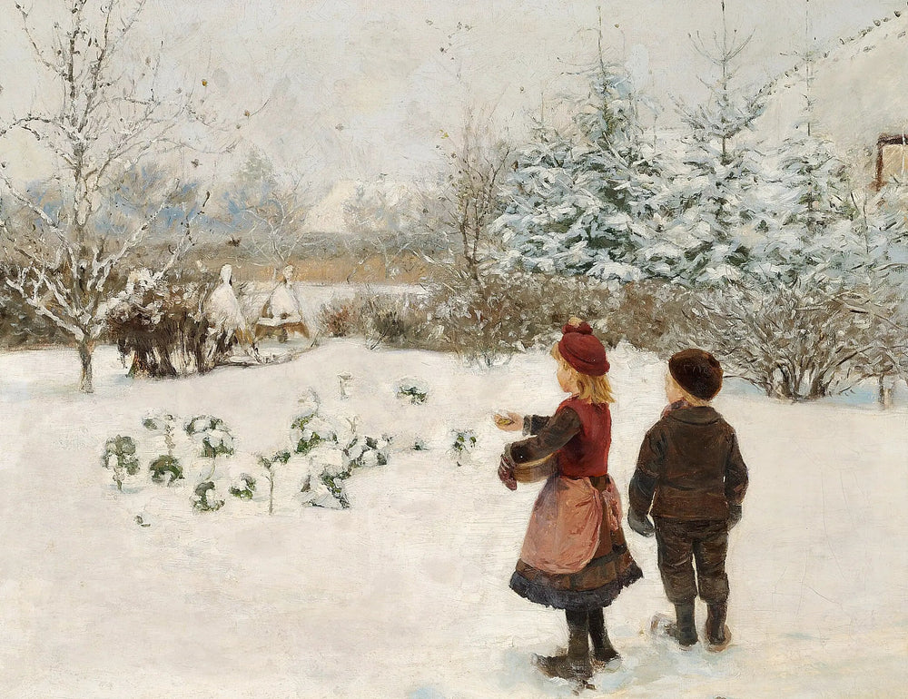 Deux enfants nourrissent des oiseaux dans la neige. - H. A. Brendekilde image 1 reproduction d’œuvre d’art à l’huile