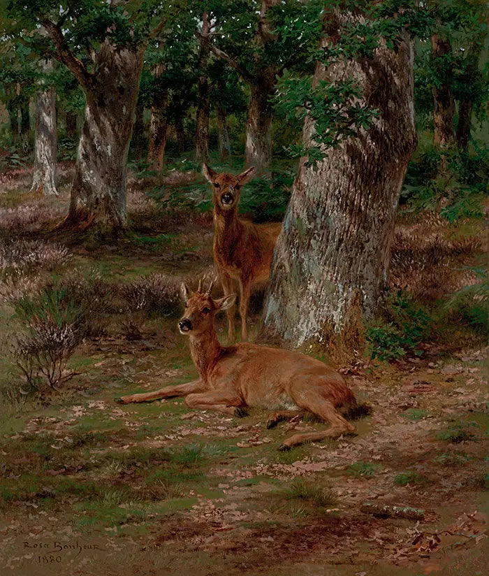 Deux jeunes cerfs dans une forêt - Rosa Bonheur image 1 reproduction d’œuvre d’art à l’huile