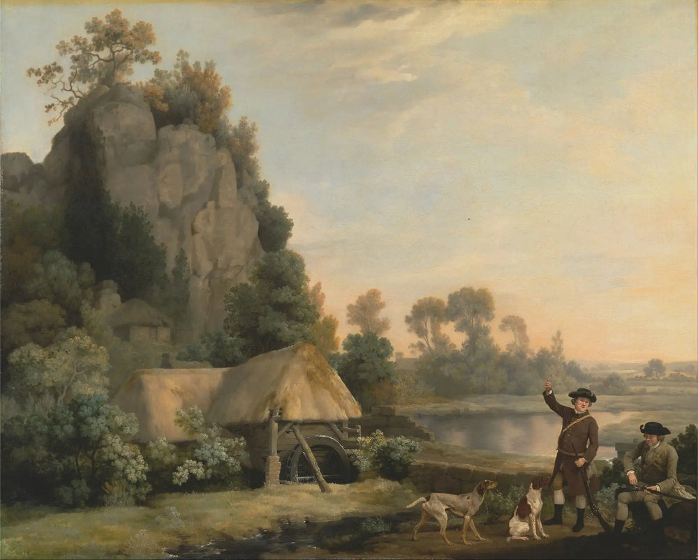Deux messieurs partant à la chasse, avec vue sur Creswell Crags, prise sur place - George Stubbs image 1 reproduction de peinture à l’huile