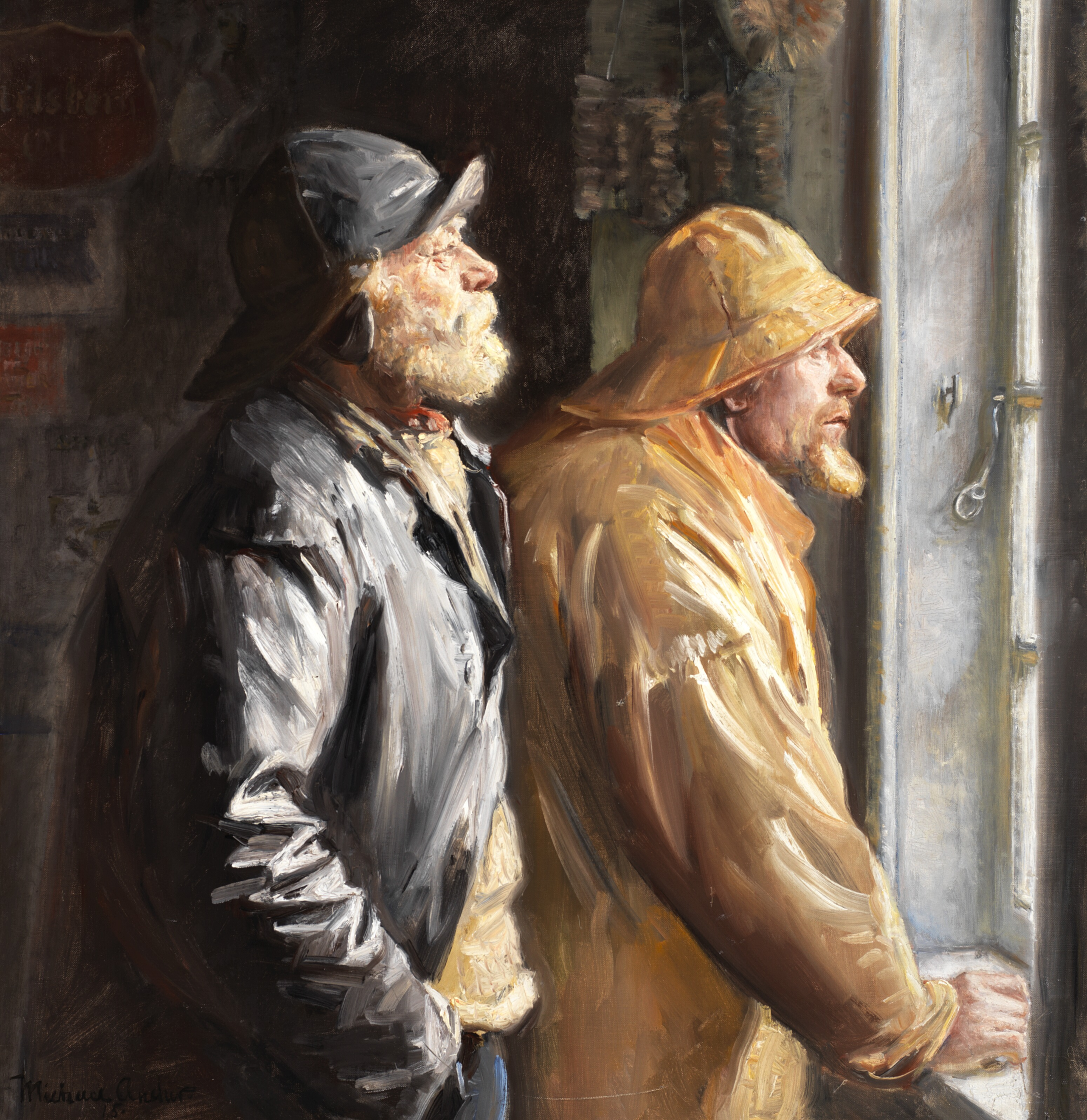 Deux pêcheurs de Skagen au guichet de l'épicerie - Michael Peter Ancher image 1 reproduction de peinture à l’huile