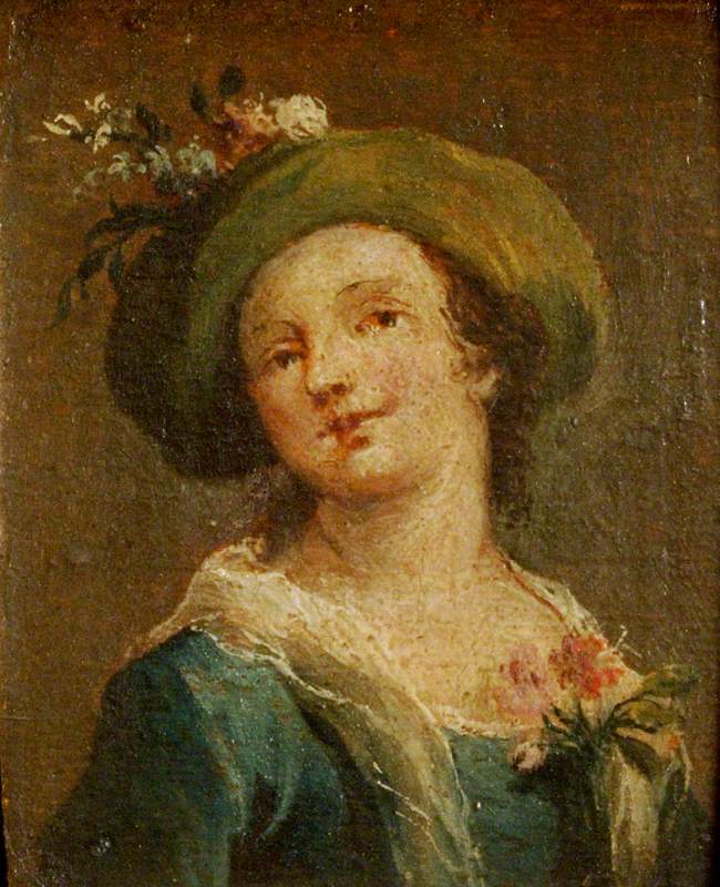 2枚の絵画：横顔の帽子をかぶった少女と正面の帽子をかぶった少女（二連画、右側のパネル） - フランチェスコ・ガルディ
