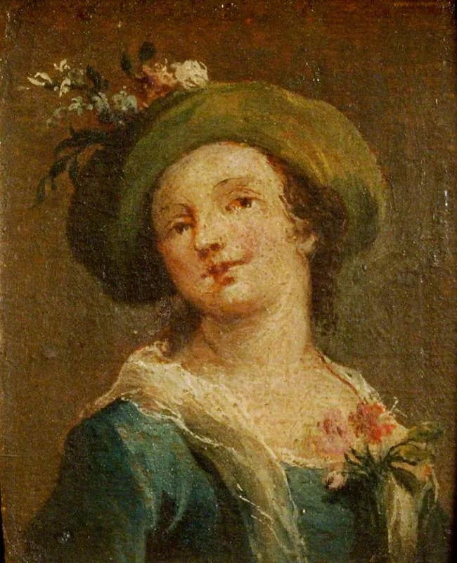 2枚の絵画：横顔の帽子をかぶった少女と正面の帽子をかぶった少女（二連画、右側のパネル） - フランチェスコ・ガルディ