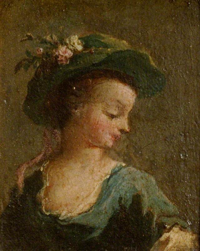 2枚の絵画：横顔の帽子をかぶった少女と正面の帽子をかぶった少女（二連画、左側のパネル） - フランチェスコ・ガルディ