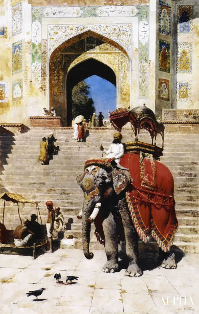 Éléphant royal à l'entrée de la Jami Masjid, Mathura - Edwin Lord Weeks - Reproductions de tableaux et peintures haut de gamme