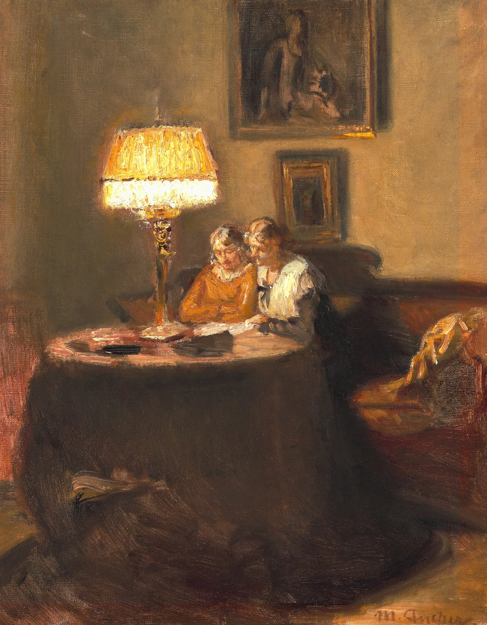 Ella et Engel, assis à la table sur le canapé rouge dans le studio de Michael Ancher, lisent un livre. - Michael Peter Ancher image 1 copie de tableau peinte à la main