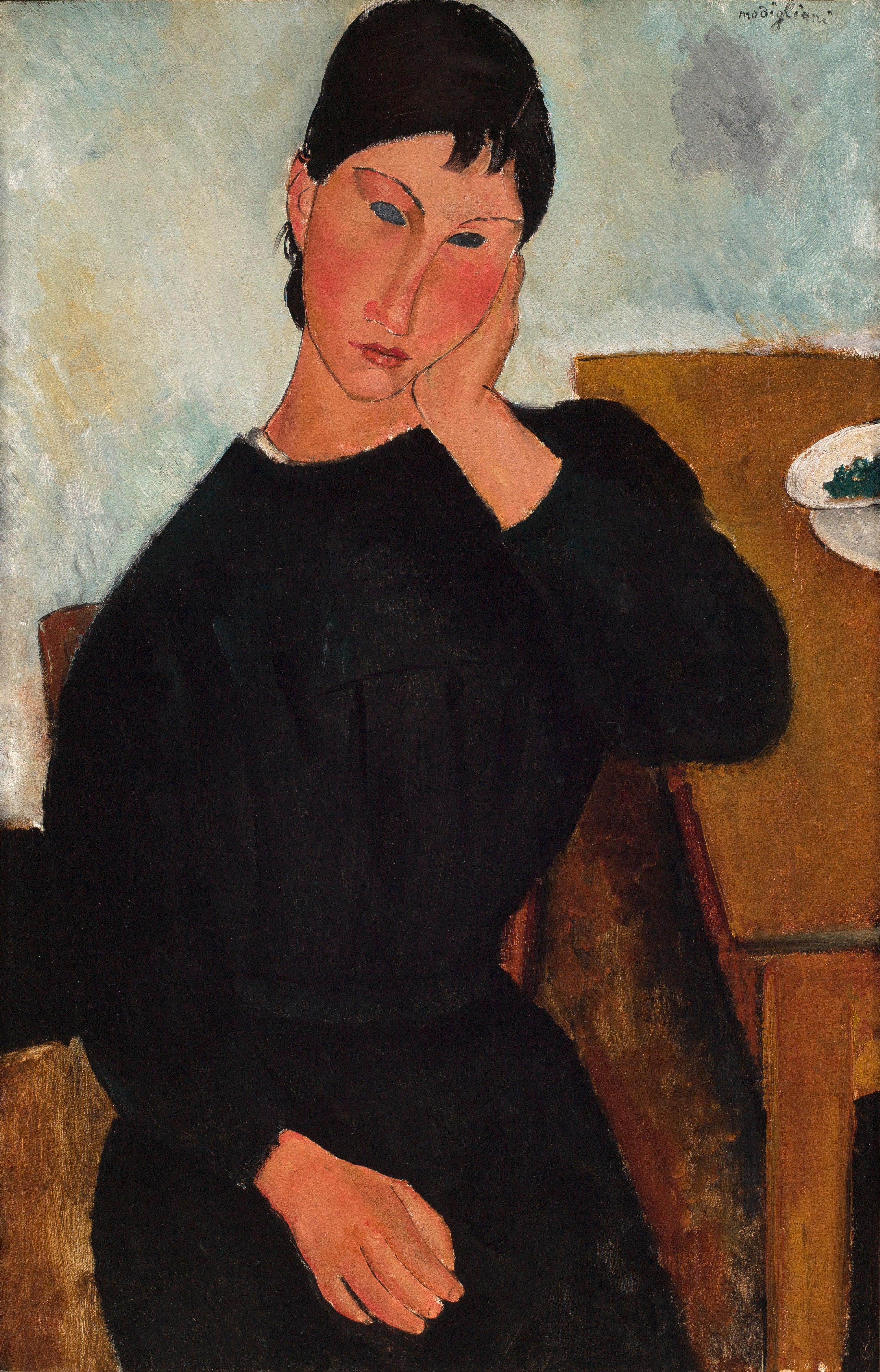 Reproduction du tableau « Elvire assise, accoudée à une table - Amedeo Modigliani » par Alpha Reproduction en peinture à l’huile