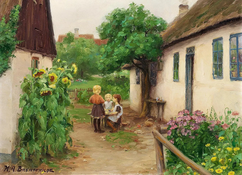 子供たちが農場の近くで遊んでいる様子、左側には咲き誇るヒマワリ。 - H. A. Brendekilde

Source:
Enfants jouant près d'une ferme, à gauche des tournesols en fleurs. - H. A. Brendekilde