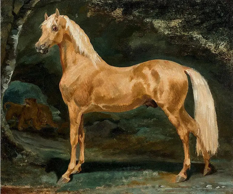 Étalon arabe palomino effrayé par deux fauves - Théodore Géricault image 1 reproduction réalisée par Alpha Reproduction