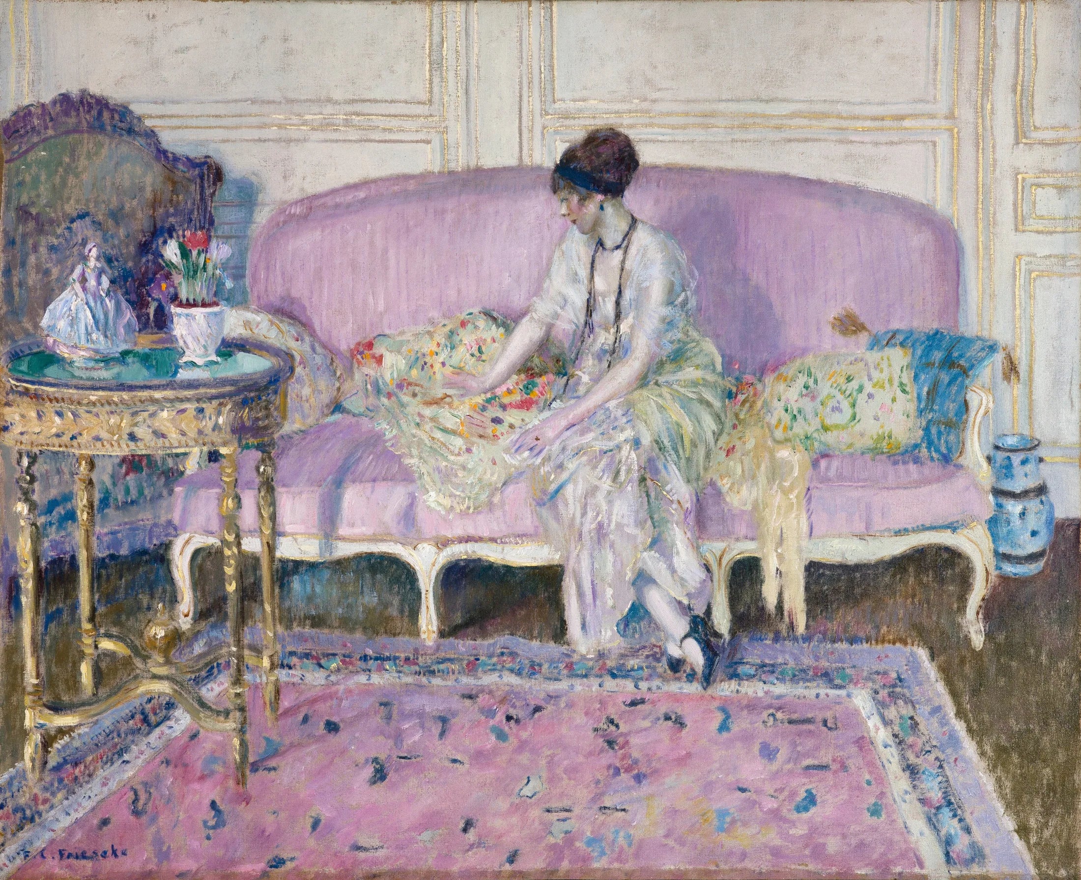 Femme assise sur un canapé à l'intérieur - Frederick Carl Frieseke image 1 copie peinte à la main à l’huile