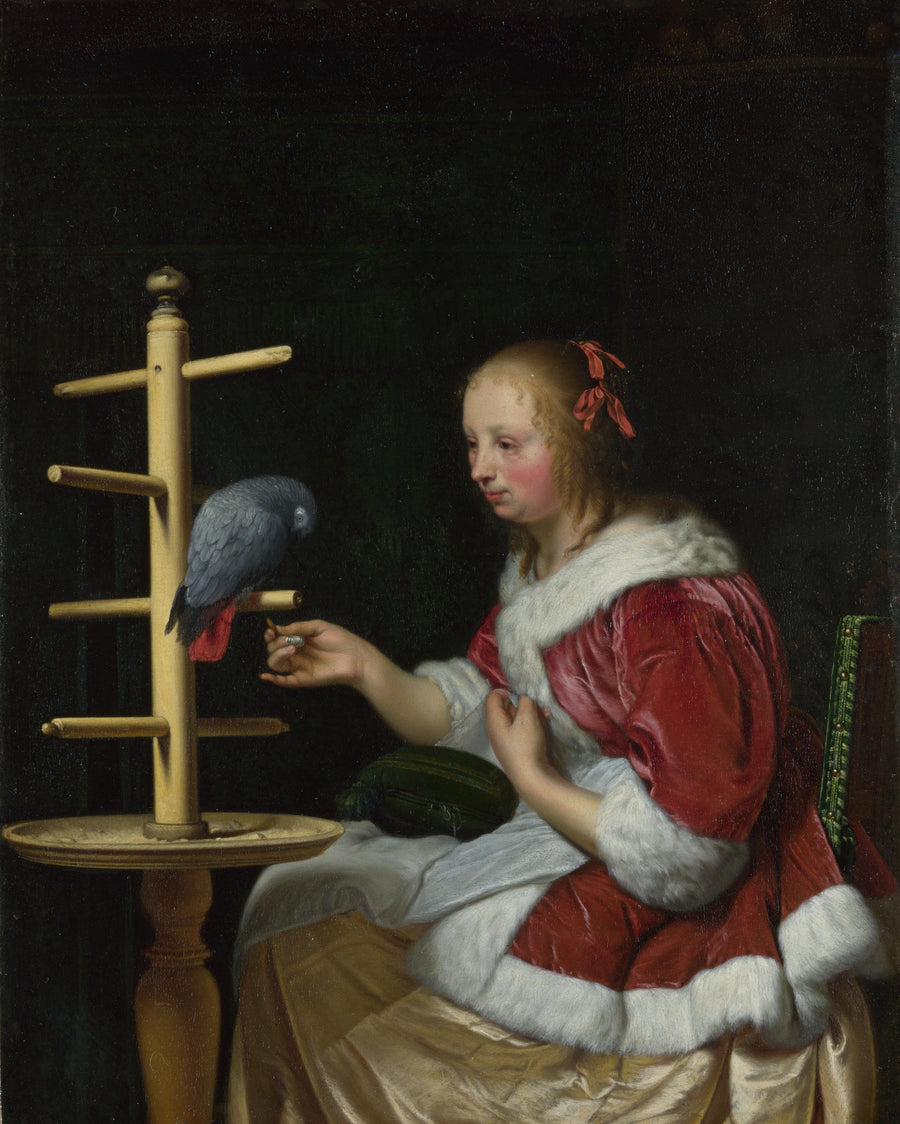 Une femme en veste rouge nourrissant un perroquet - Frans van Mieris l'Ancien