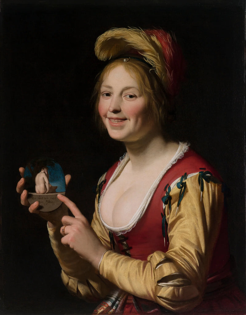 女性がわいせつな物を見せている - Gerrit van Honthorst