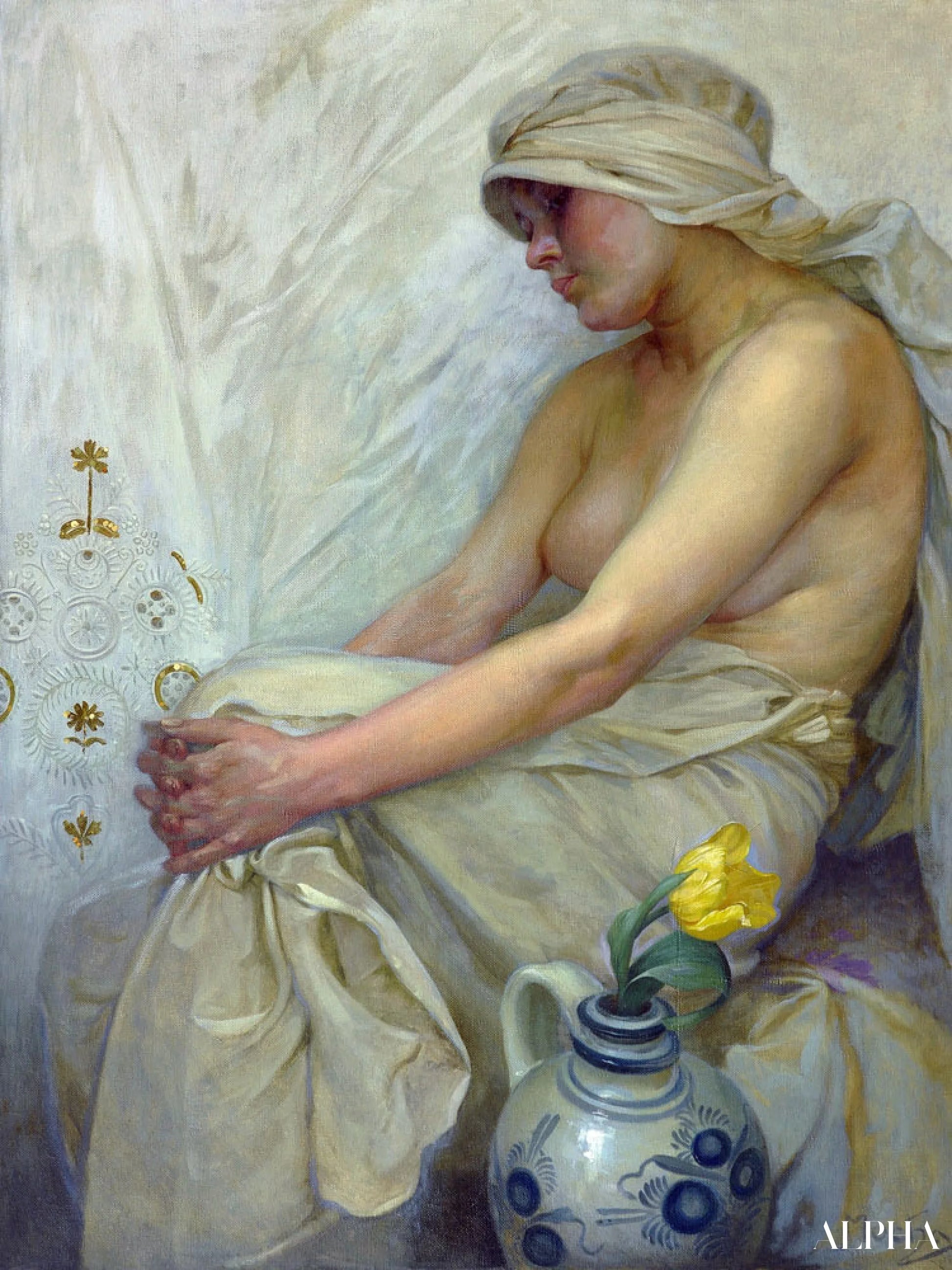 座っている少女 - Mucha - 高級絵画および絵画の複製