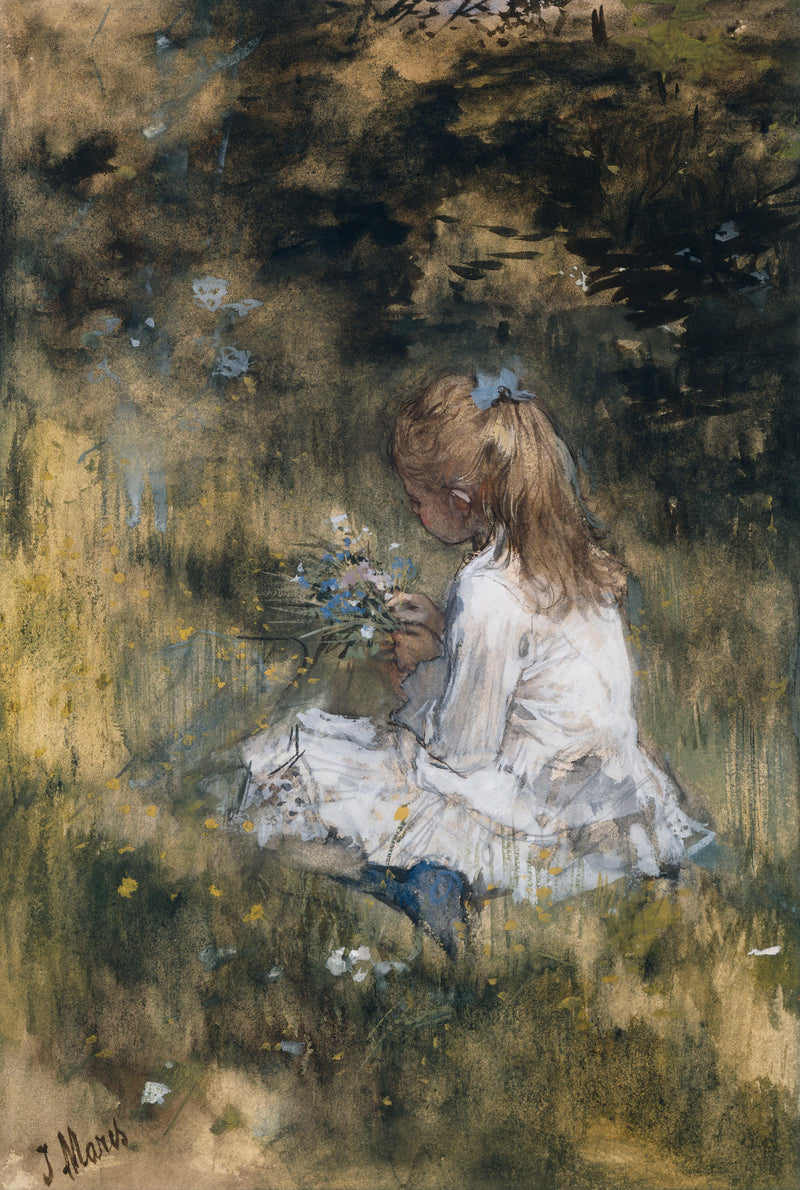 Une fille avec des fleurs dans l'herbe - Jacob Maris