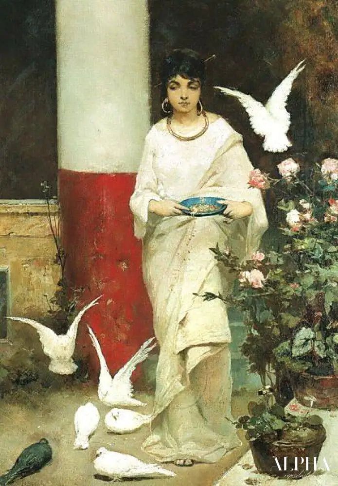 Fille nourrissant les pigeons - Wilhelm Kotarbiński Reproductions de tableaux à la peinture à l’huile