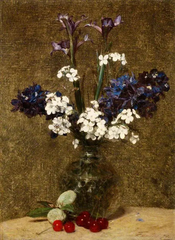 花：アイリスとジャスミン、テーブルの上のさくらんぼとアーモンド - アンリ・ファンタン＝ラトゥール

Source:
Fleurs : Iris et Jacinthes, avec des cerises et des amandes sur la table - Henri Fantin-Latour
