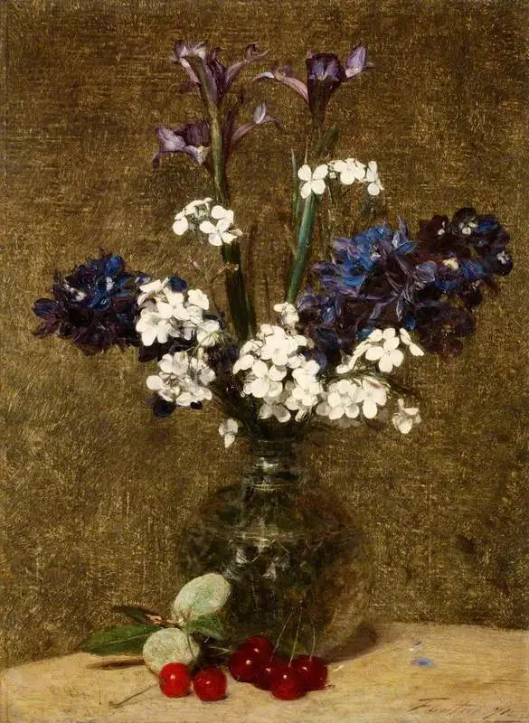 花：アイリスとジャスミン、テーブルの上のさくらんぼとアーモンド - アンリ・ファンタン＝ラトゥール

Source:
Fleurs : Iris et Jacinthes, avec des cerises et des amandes sur la table - Henri Fantin-Latour