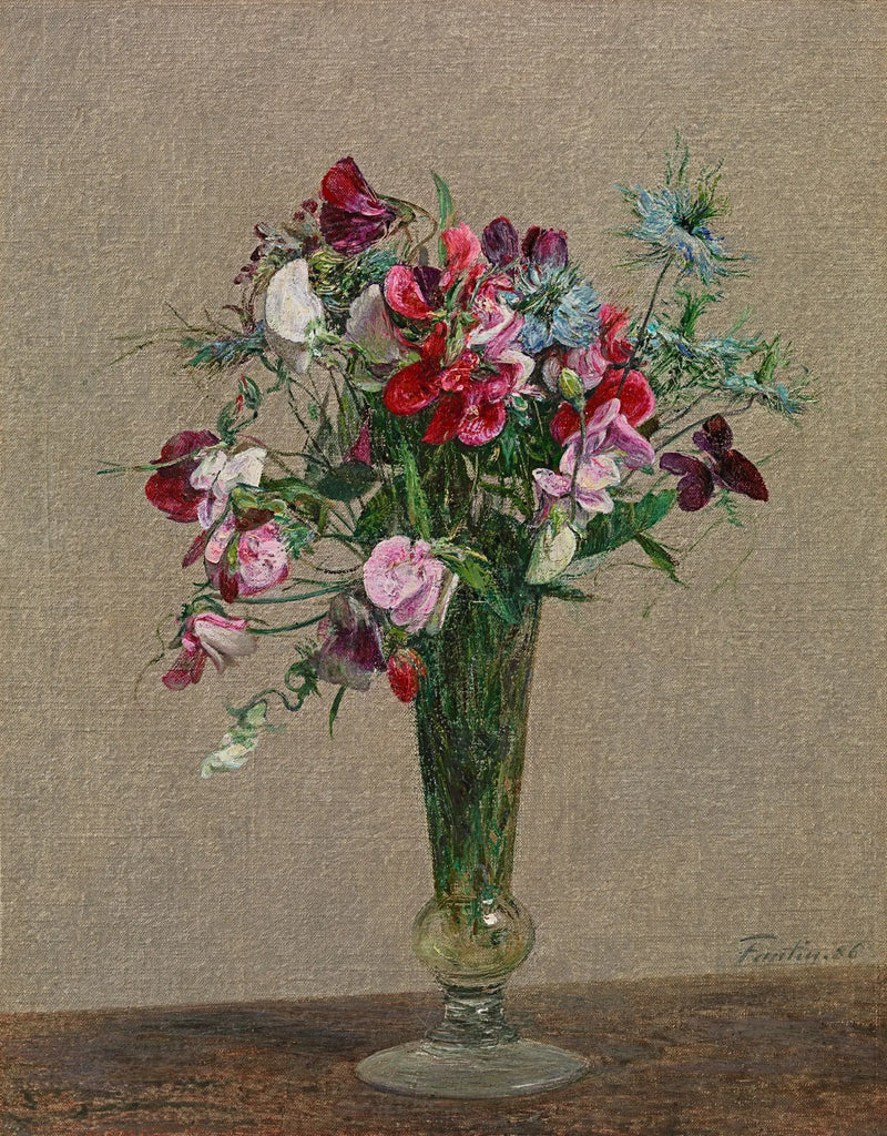 小さな花瓶に入った花、スミレ、ナツメグの花 - アンリ・ファンタン＝ラトゥール

Source:
Fleurs, pois de senteurs et nigelles dans un petit vase - Henri Fantin-Latour