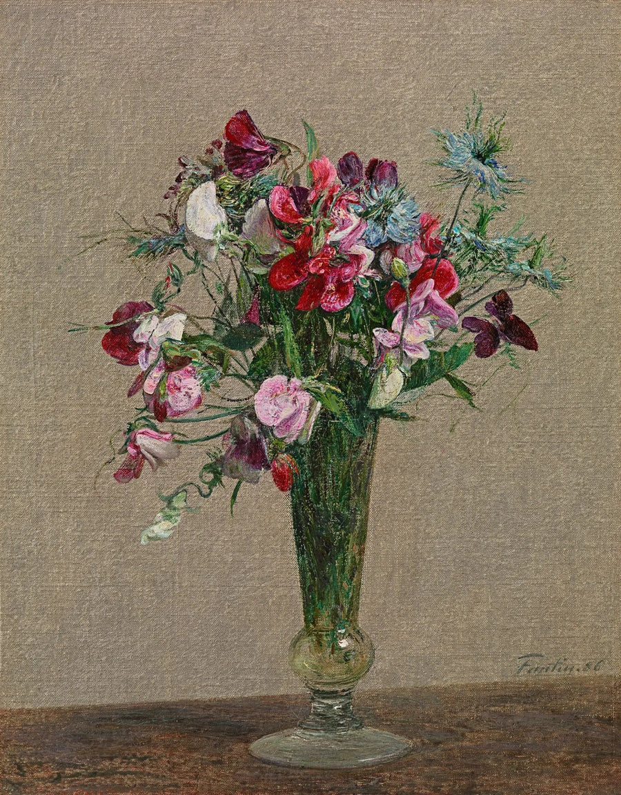 小さな花瓶に入った花、スミレ、ナツメグの花 - アンリ・ファンタン＝ラトゥール

Source:
Fleurs, pois de senteurs et nigelles dans un petit vase - Henri Fantin-Latour