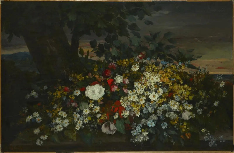 ベンチの上の花 - ギュスターヴ・クールベ