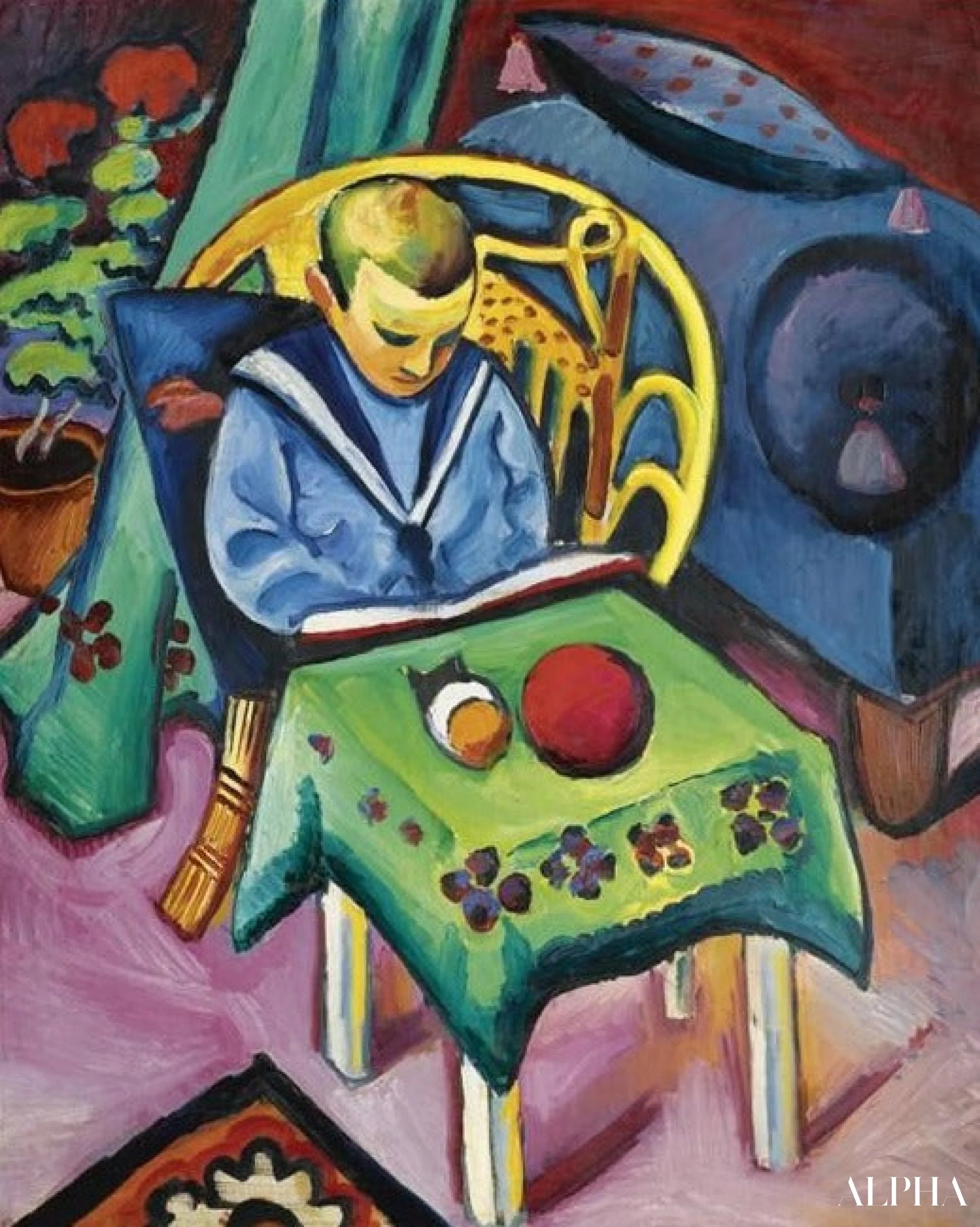 本とおもちゃを持った少年 - August Macke - 高級絵画および絵画の複製
