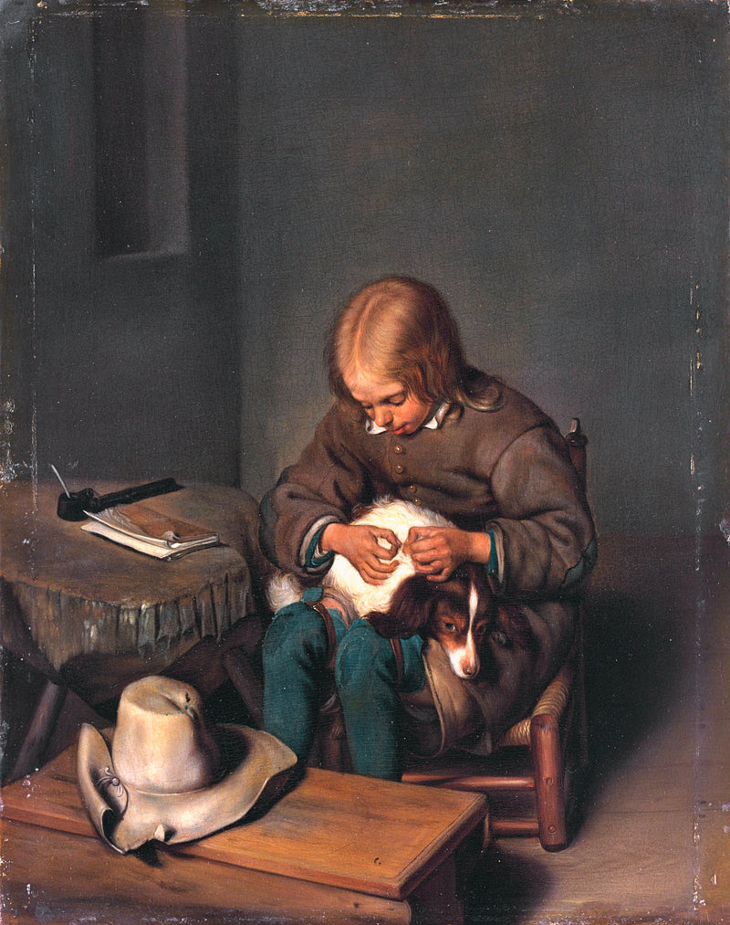 Garçon occupé à toiletter un chien. - Gerard ter Borch
