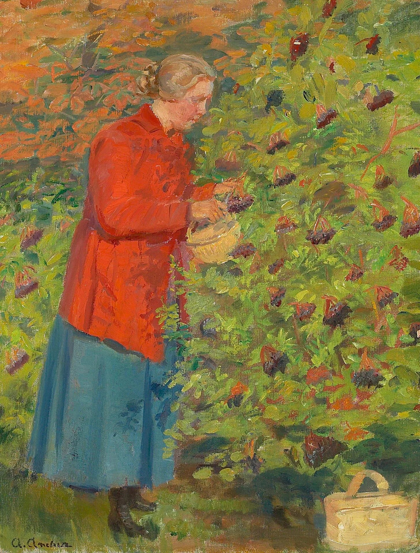 Helga Ancher cueillant des baies de sureau. - Anna Ancher image 1 reproduction artisanale de tableau