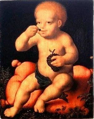 Het Christuskind, druiven etend - Joos van Cleve image 1 copie peinte à la main à l’huile