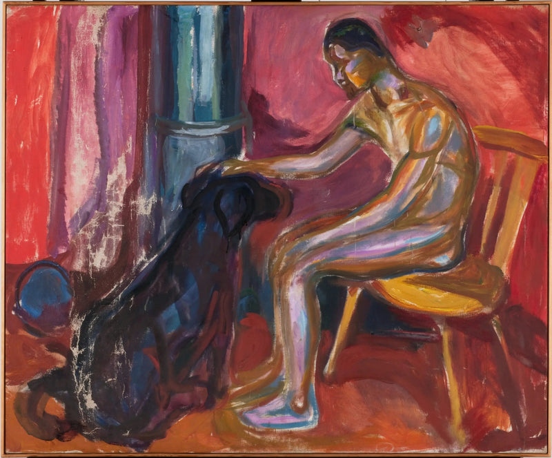 犬と一緒に座っている裸の男 - エドヴァルド・ムンク