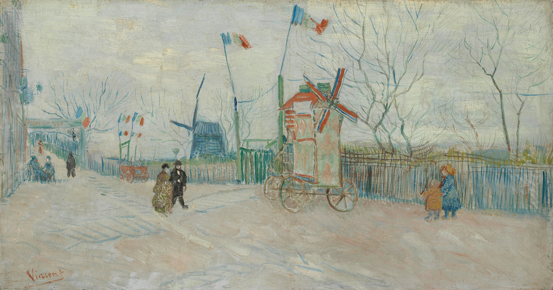 Impasse des Deux Frères F347 — rue de Montmartre, moulin mobile et Moulin à Poivre peints par Van Gogh