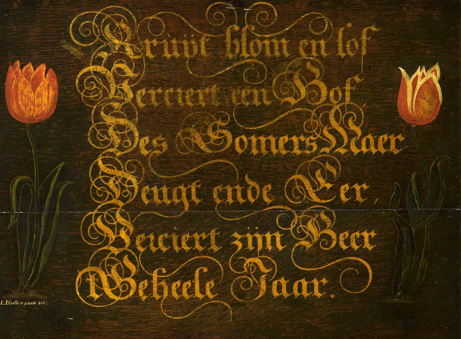 Inscription calligraphiée flanquée de deux tulipes - Isaac Hondius
