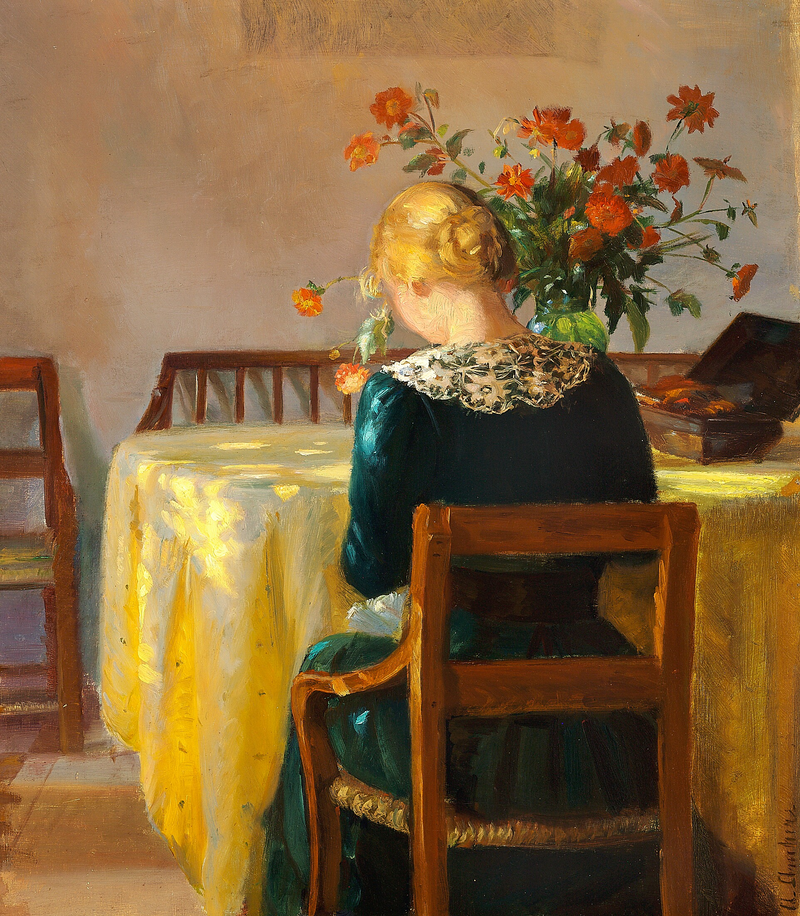 Intérieur avec Helga, la fille du peintre, en train de coudre - Anna Ancher
