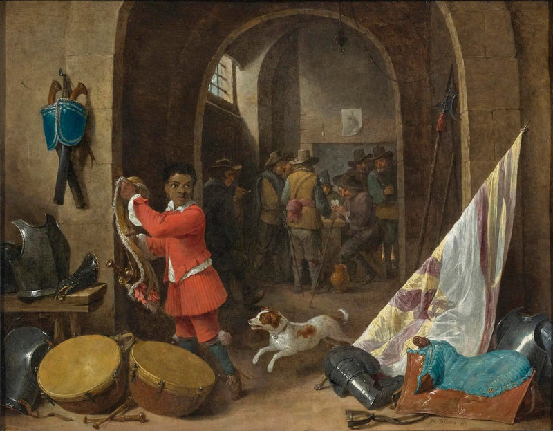 INT_RIEUR_D_UNE_SALLE_DE_GARDE_AVEC_UN_SERVITEUR_NOIR_PR_S_D_UNE_NATURE_MORTE_D_UNE_SELLE_D_ UNE_BANNI_RE_DE_TAMBOURS_ET_DE_CUIRASSES_DES_SOLDATS_JOUANT_AUX_CARTES_EN_ARRI_RE_PLAN_50x60