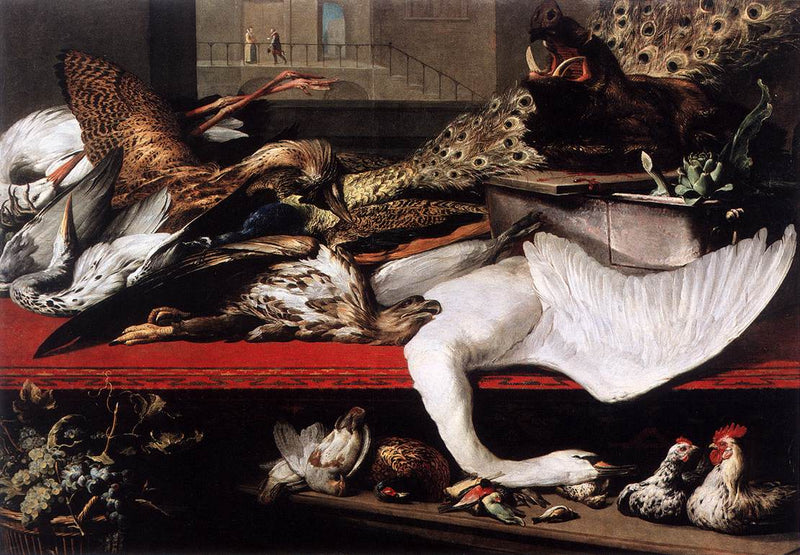 Intérieur de cuisine avec une table garnie de gibier et une scène par la fenêtre montrant un homme remettant une lettre à une dame - Frans Snyders