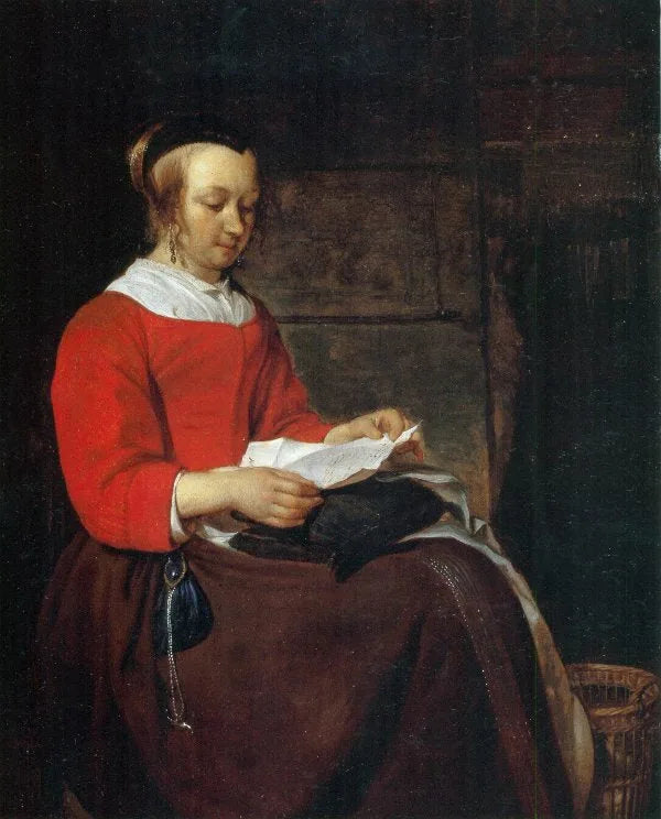 Jeune femme assise à l'intérieur, lisant une lettre - Gabriel Metsu image 1 reproduction de peinture à l’huile