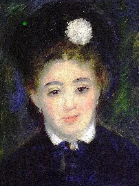 Jeune femme en noir avec une fleur blanche dans les cheveux, peinte par Renoir vers 1875-1877