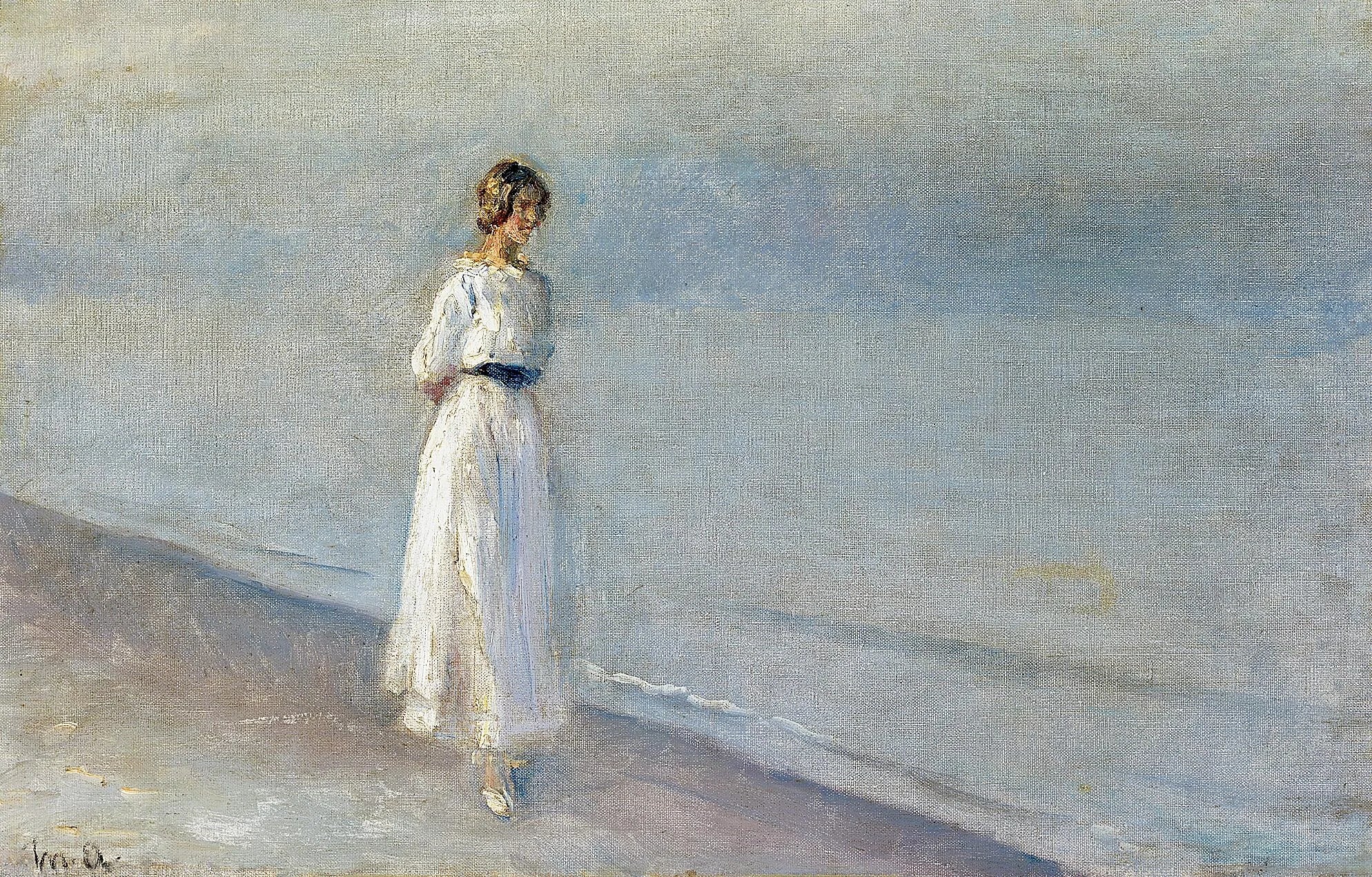 Jeune femme en robe blanche à Skagen Sønderstrand. - Michael Peter Ancher image 1 reproduction de peinture à l’huile