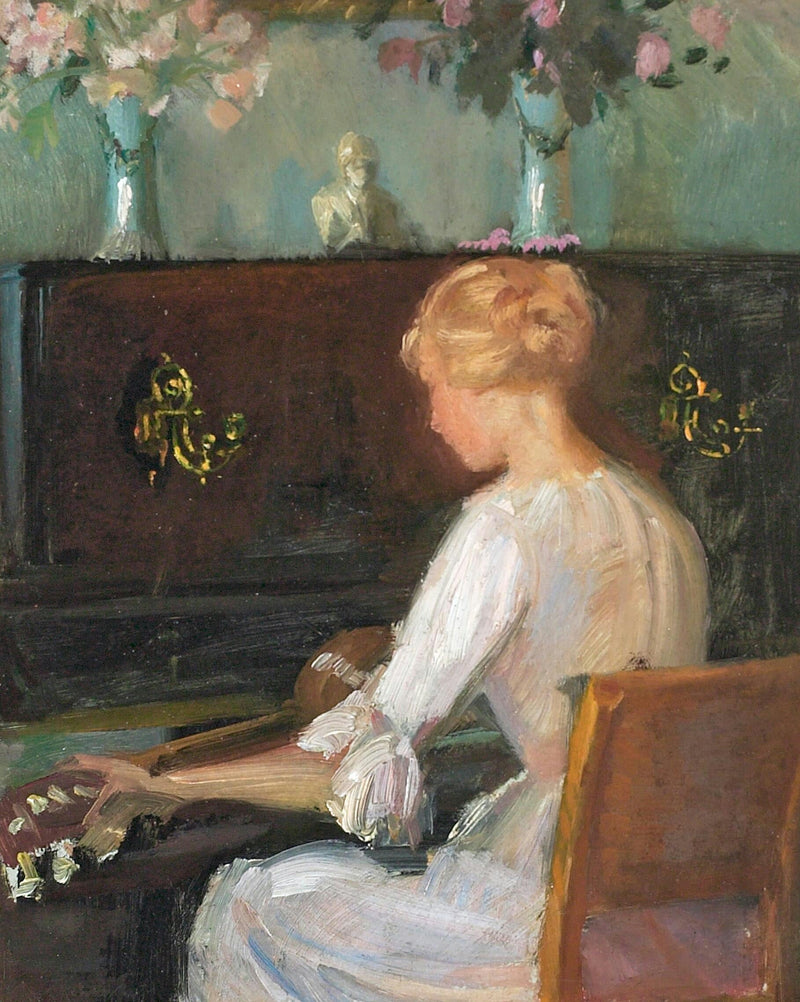 Jeune femme jouant de la guitare devant un piano - Anna Ancher