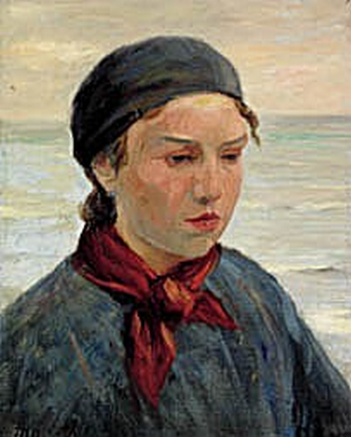 Jeune pêcheuse avec un foulard rouge autour du cou. - Michael Peter Ancher image 1 reproduction réalisée par Alpha Reproduction