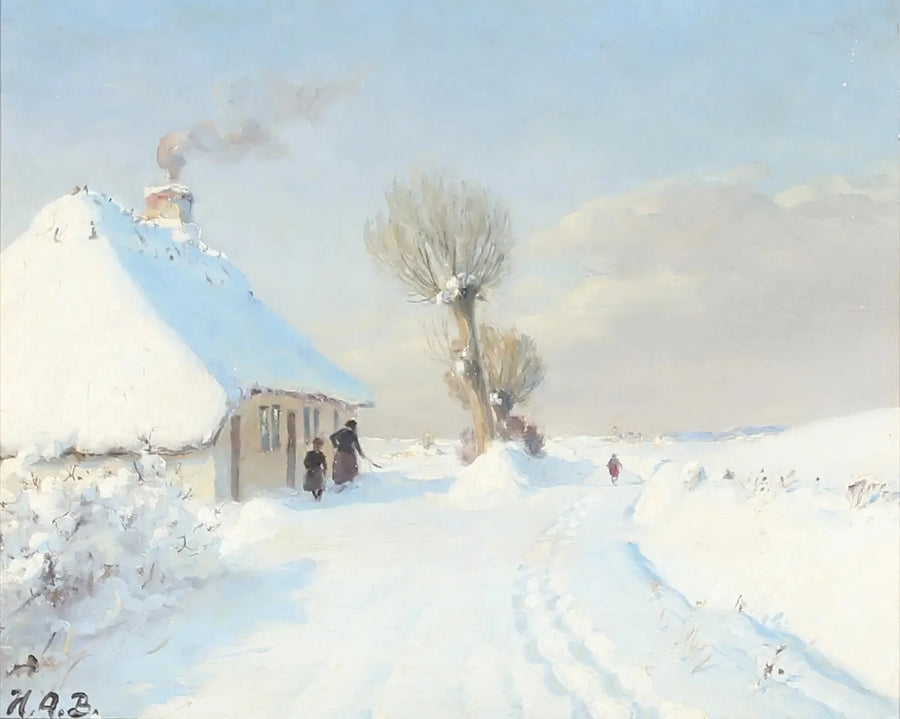 日当たりの良い冬の日、母親と子供が小屋の前にいる

Source:
Journée d'hiver ensoleillée avec mère et enfant devant un chalet. - H. A. Brendekilde