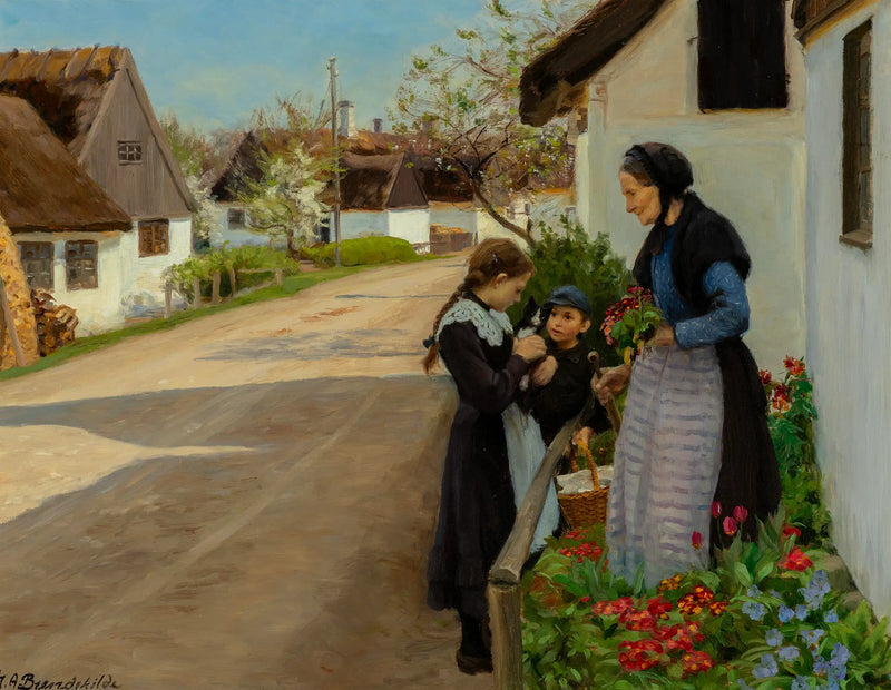 春の日の村の一日。子猫は祖母にプレゼントされました。 - H. A. Brendekilde

Source:
Journée de printemps au village. Le chaton est offert à grand-mère. - H. A. Brendekilde