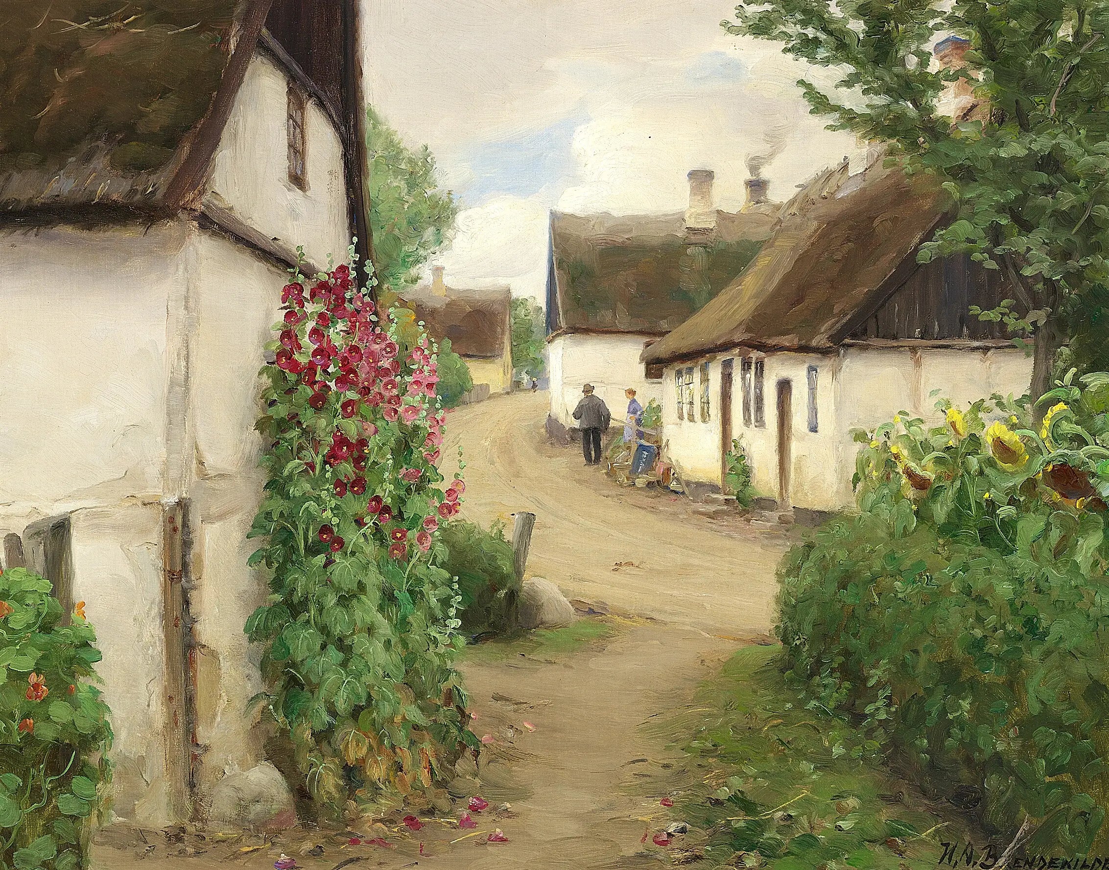 Journée d’été dans un village avec des tournesols et des roses trémières rouges. - H. A. Brendekilde - Alpha