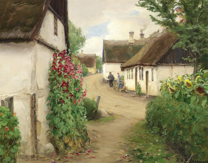 ヒマワリと赤いフウセンカズラの花が咲く村の夏の日 - H. A. Brendekilde

Source:
Journée d'été dans un village avec des tournesols et des roses trémières rouges. - H. A. Brendekilde