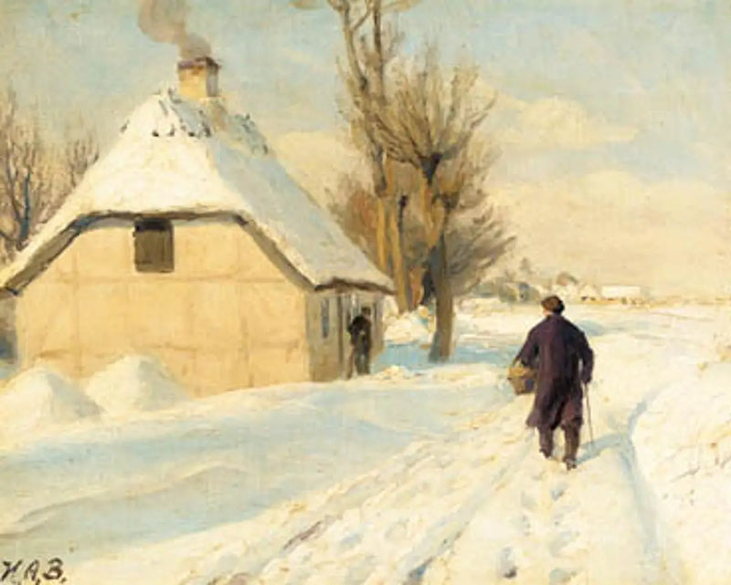 茅葺き屋根の家のそばの冬の日。男性が雪の道を歩いている。 - H. A. Brendekilde

Source:
Journée d'hiver près d'une maison au toit de chaume. Un homme marche sur la route enneigée. - H. A. Brendekilde