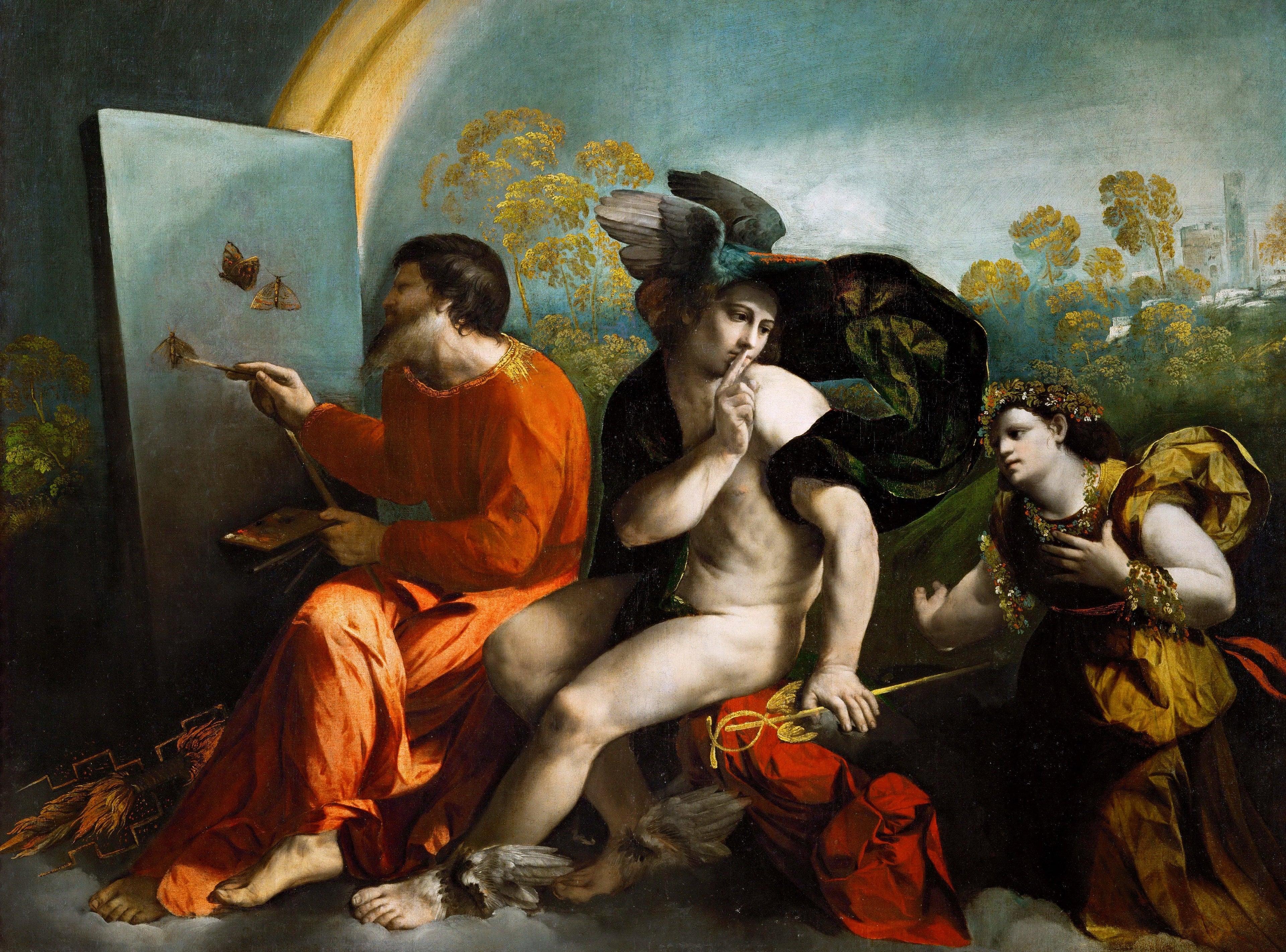 Jupiter peignant des papillons, Mercure et la Vertu - Dosso Dossi image 1 copie peinte à la main à l’huile