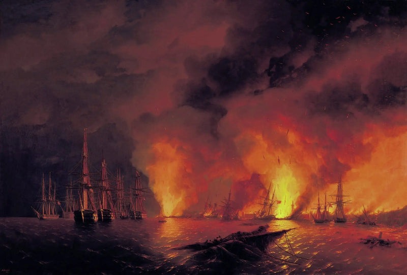 シノペの戦い、1853年11月18日（戦闘後の夜） - イワン・アイヴァゾフスキー

Source:
La Bataille de Sinope, le 18 novembre 1853 (Nuit après la bataille). - Ivan Aïvazovski