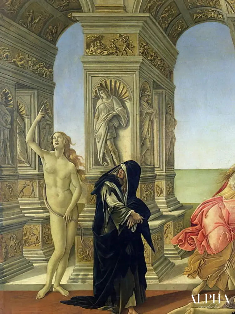 La Calomnie d'Apelles ; détail montrant la figure nue de la Vérité pointant vers le ciel et la Pénitence vêtue d'un habit dominicain en loques, 1497-98 détail de 31582 - Sandro Botticelli - Reproductions de tableaux et peintures haut de gamme