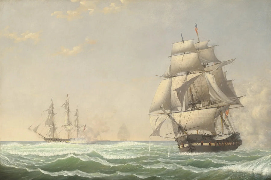 アメリカのフリゲート艦「プレジデント」とイギリス艦隊の交戦、1815年 - フィッツ・ヘンリー・レーン

Source:
La frégate américaine « President » engageant l'escadre britannique, 1815 - Fitz Henry Lane