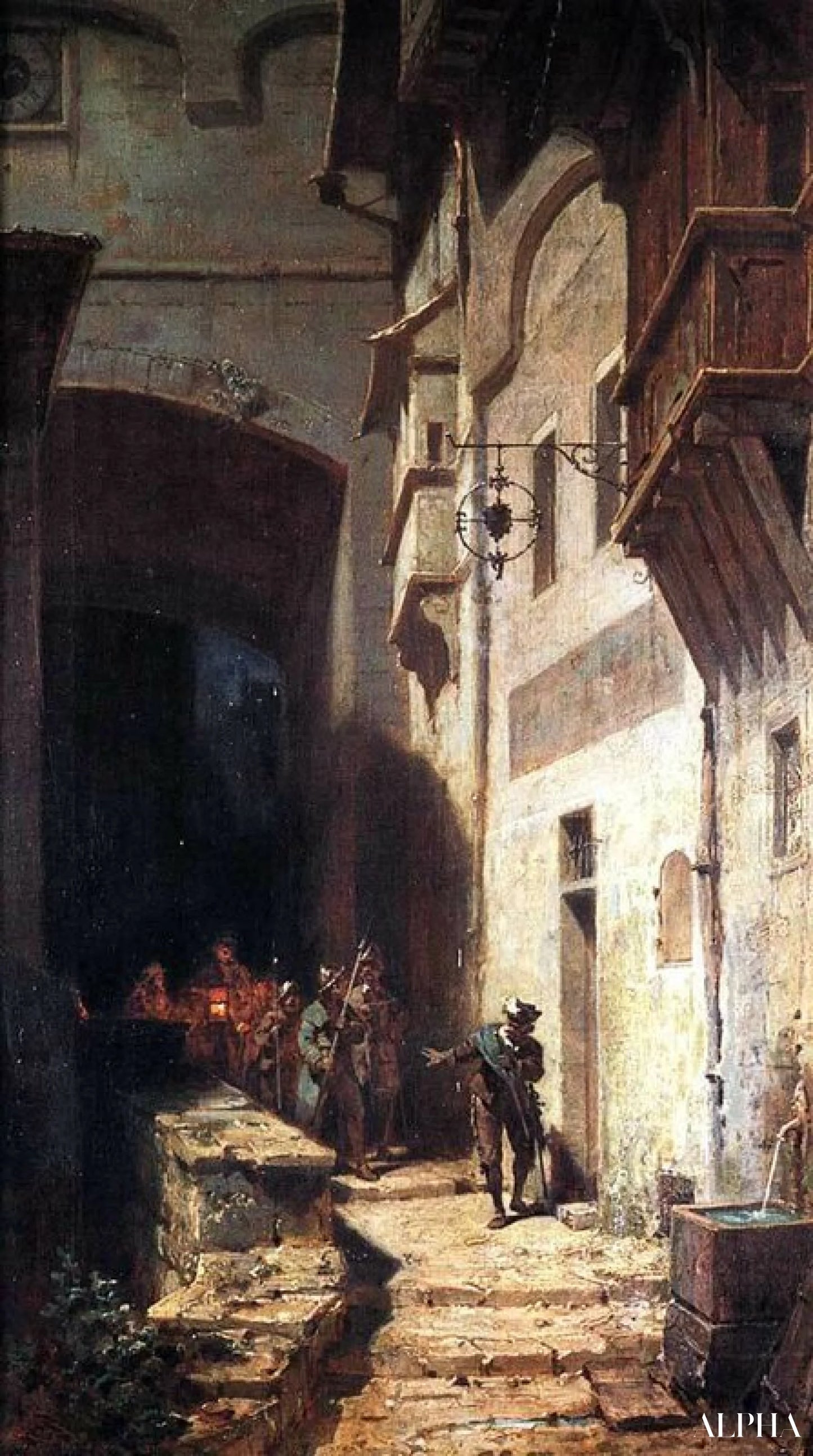 Reproduction du tableau « La garde de foule - Carl Spitzweg » par Alpha Reproduction en peinture à l’huile